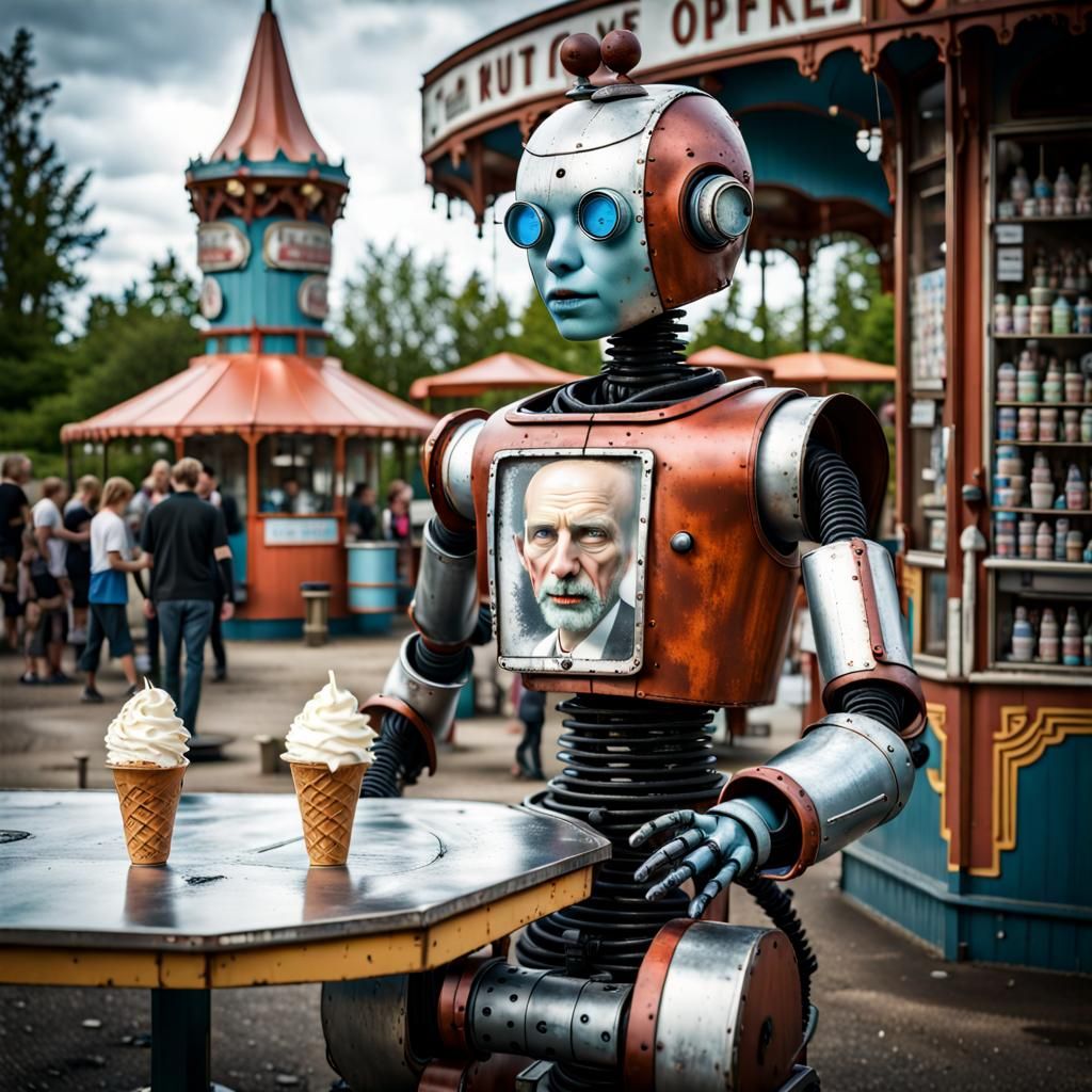 Victorian Robot Selling Ice Cream: Hyperrealistic Futuristic...