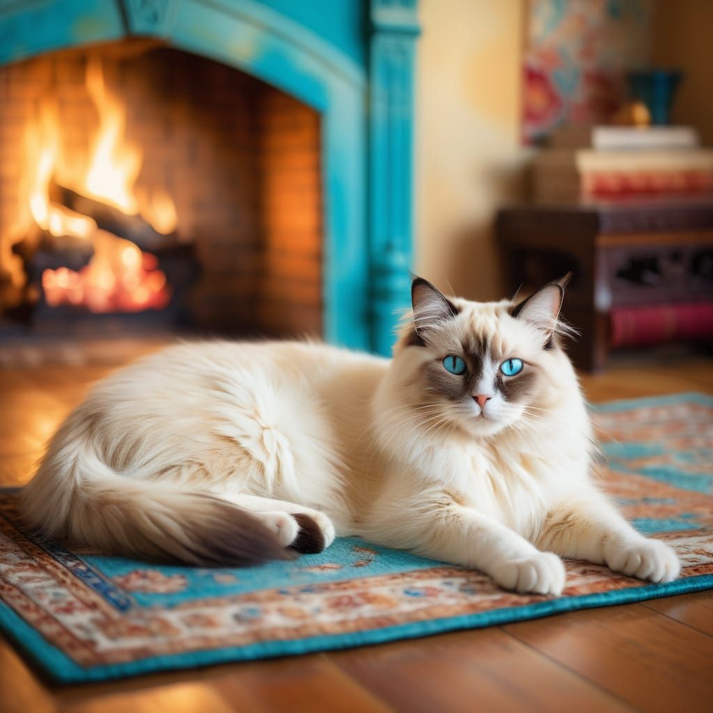 A Ragdoll breed cat lying across the oriental rug in front of a fireplace