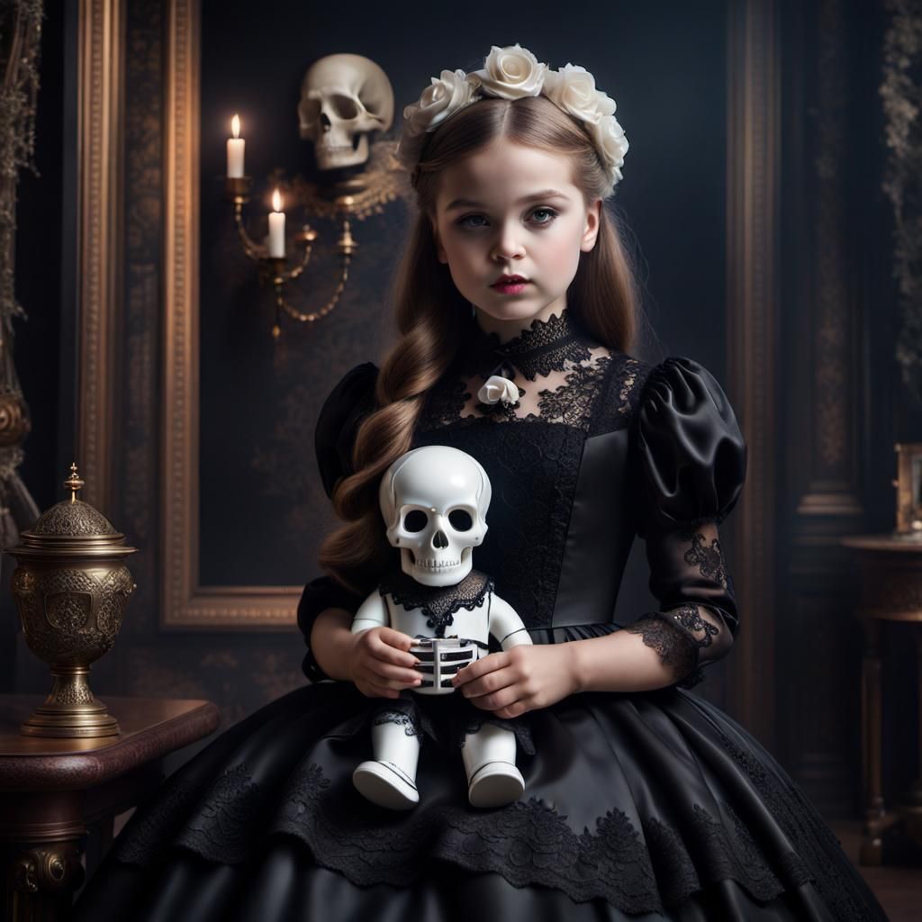 Girl with Skull Doll in Gothic Dress