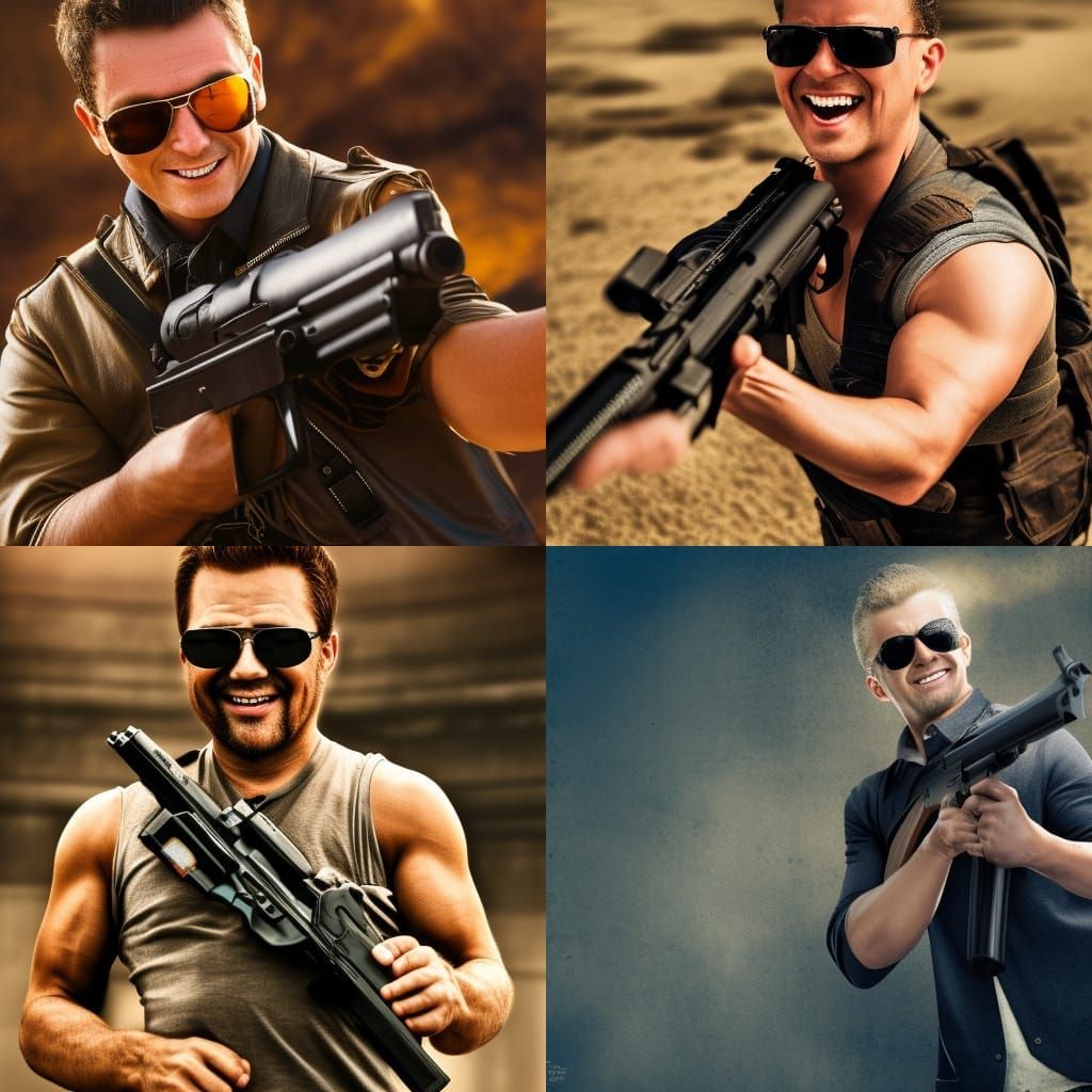 Action Movie Poster of Smiling Man with Guns