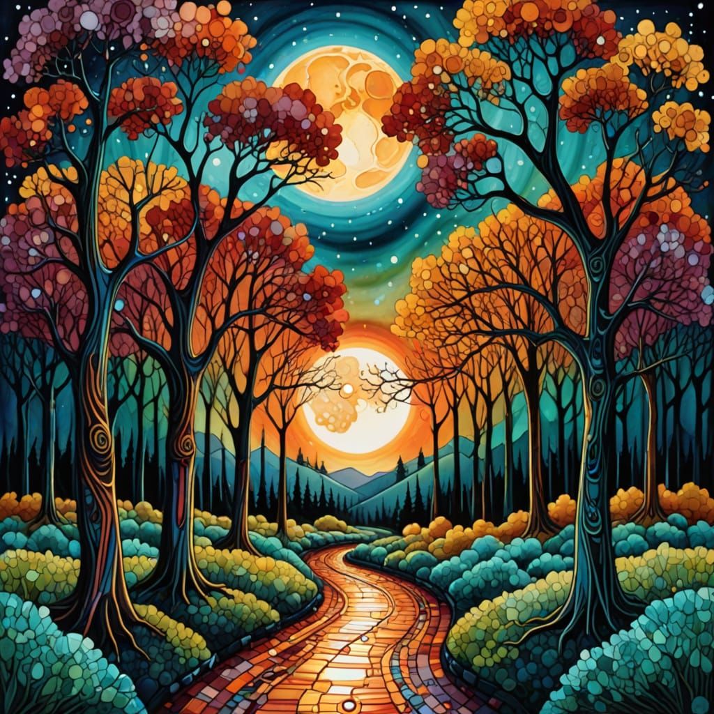 Full Moon Over Autumn Forest Path