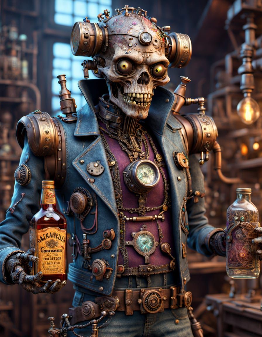 whimsical steampunk android zombie hybrid creature with stitched leather skin, dressed in a worn dungaree, holding a bot...