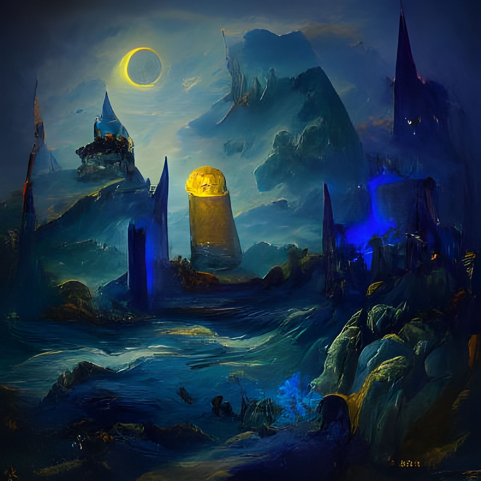 Lapis Lazuli Ocean with Wizard's Tower, Vivid Painting
