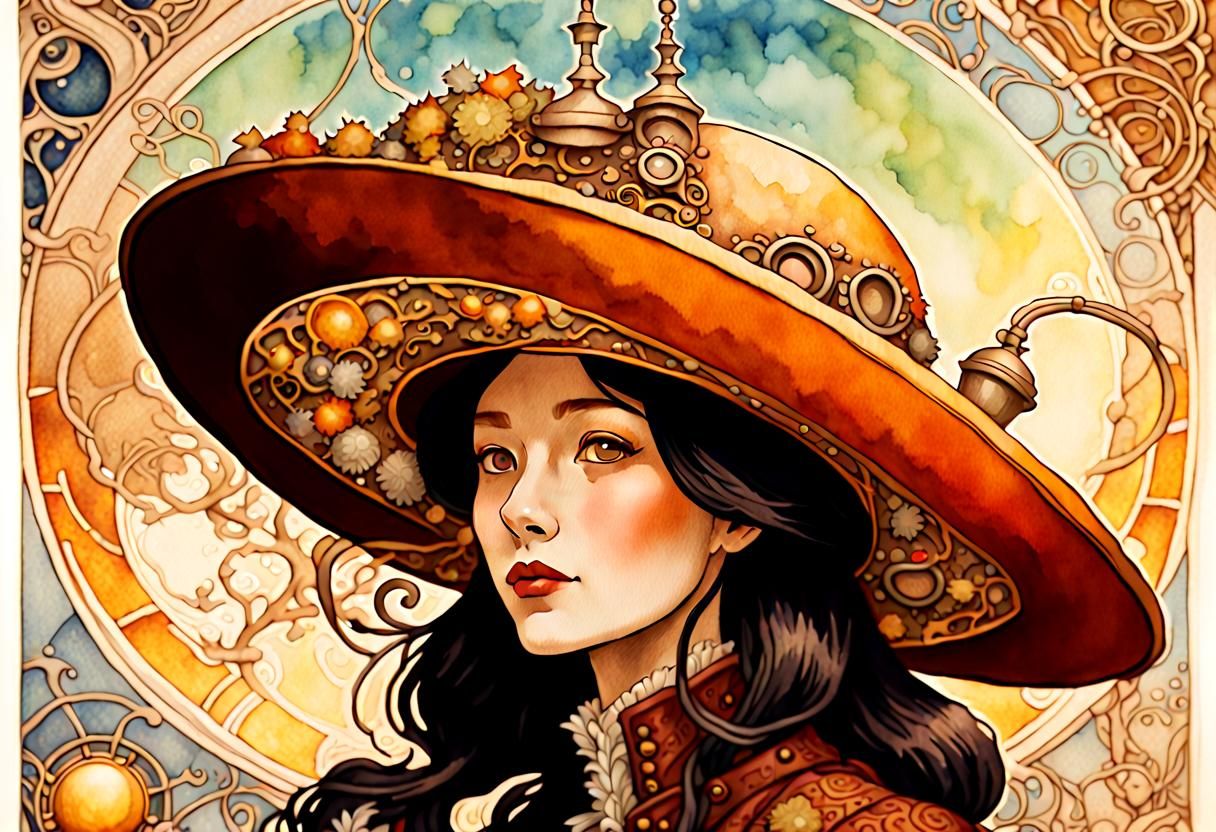 Steampunk Inventor in Art Nouveau Portrait with Ornate Hat