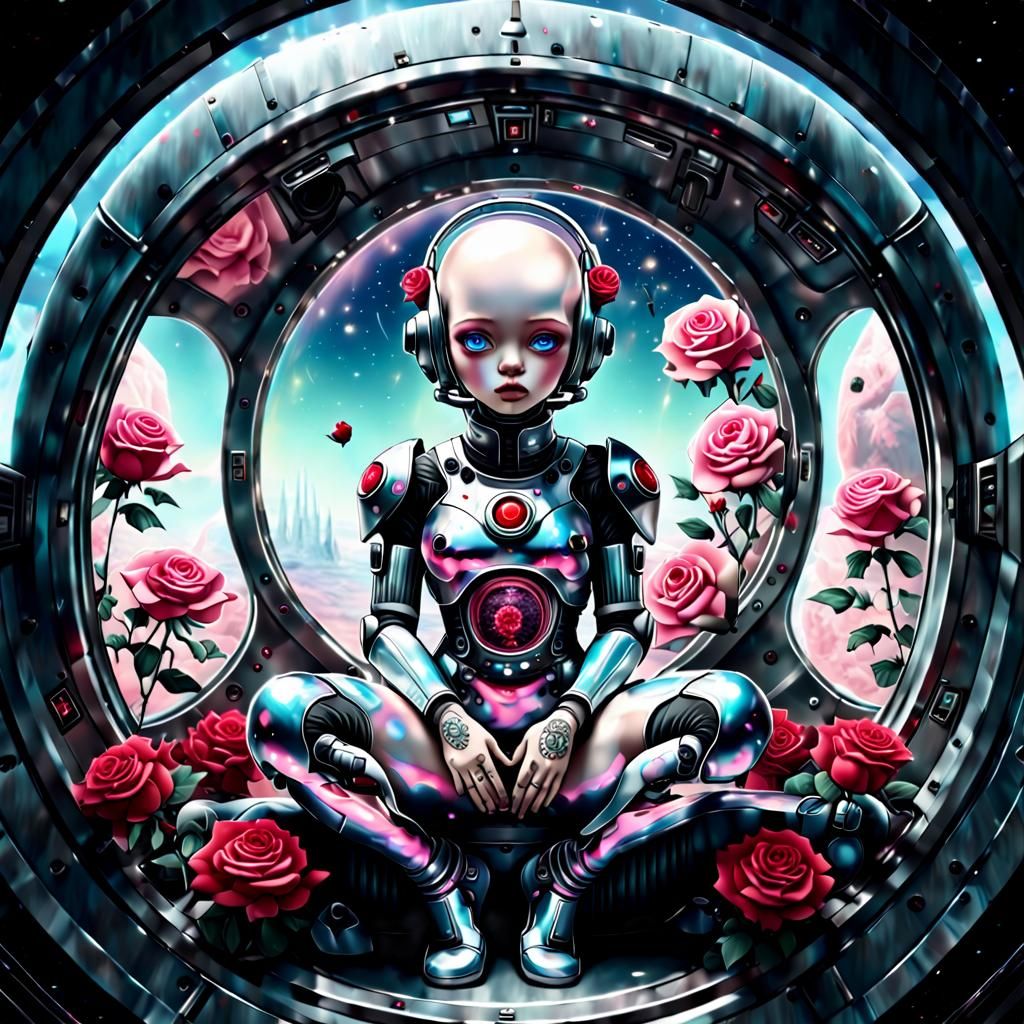 Anxietypunk Humanoid Gazing at Roses in 5D Sky