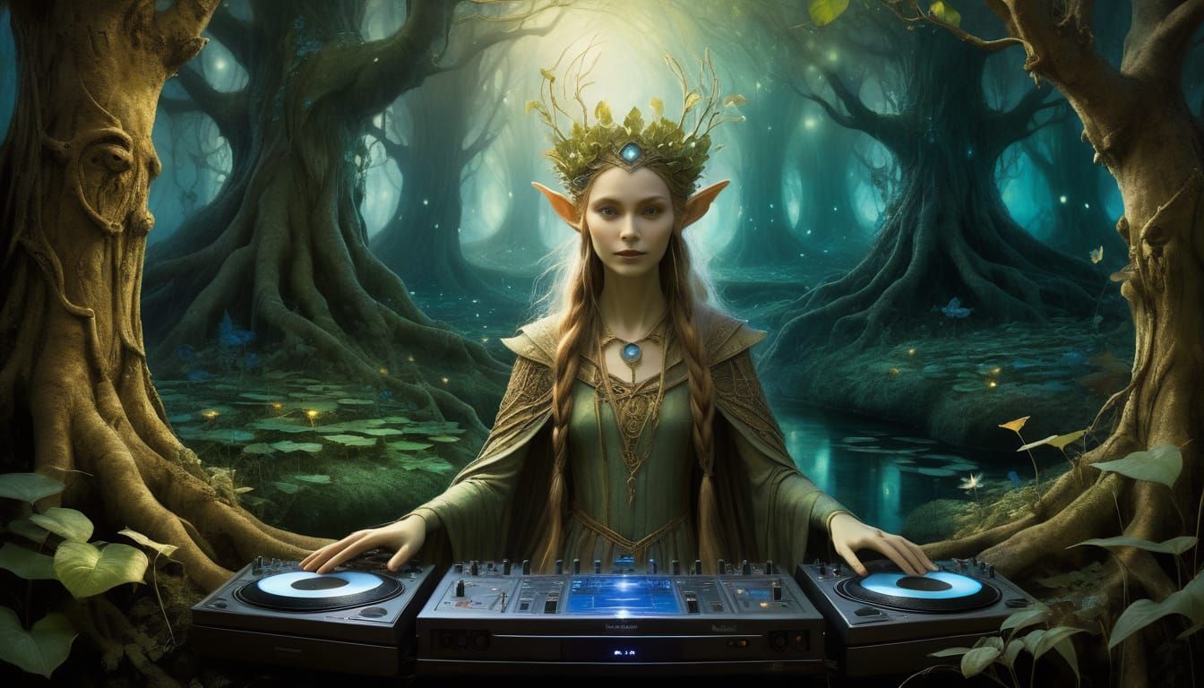Elven Queen DJ in Whimsical Fantasy Grove