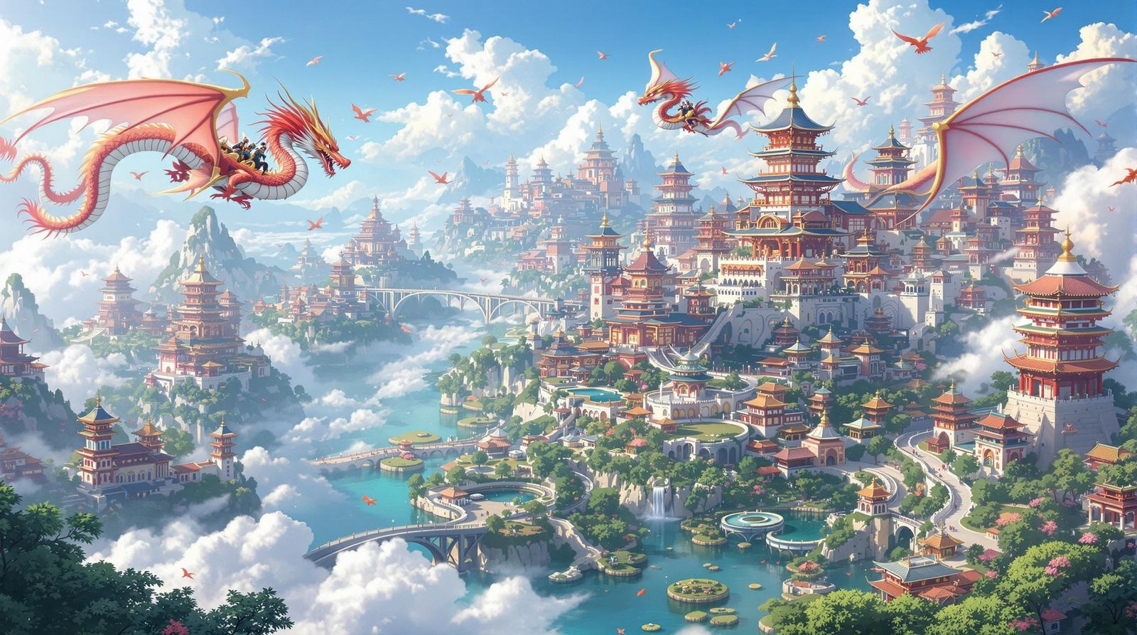 Mystical Dragons Soar Over Futuristic Pagoda Cities