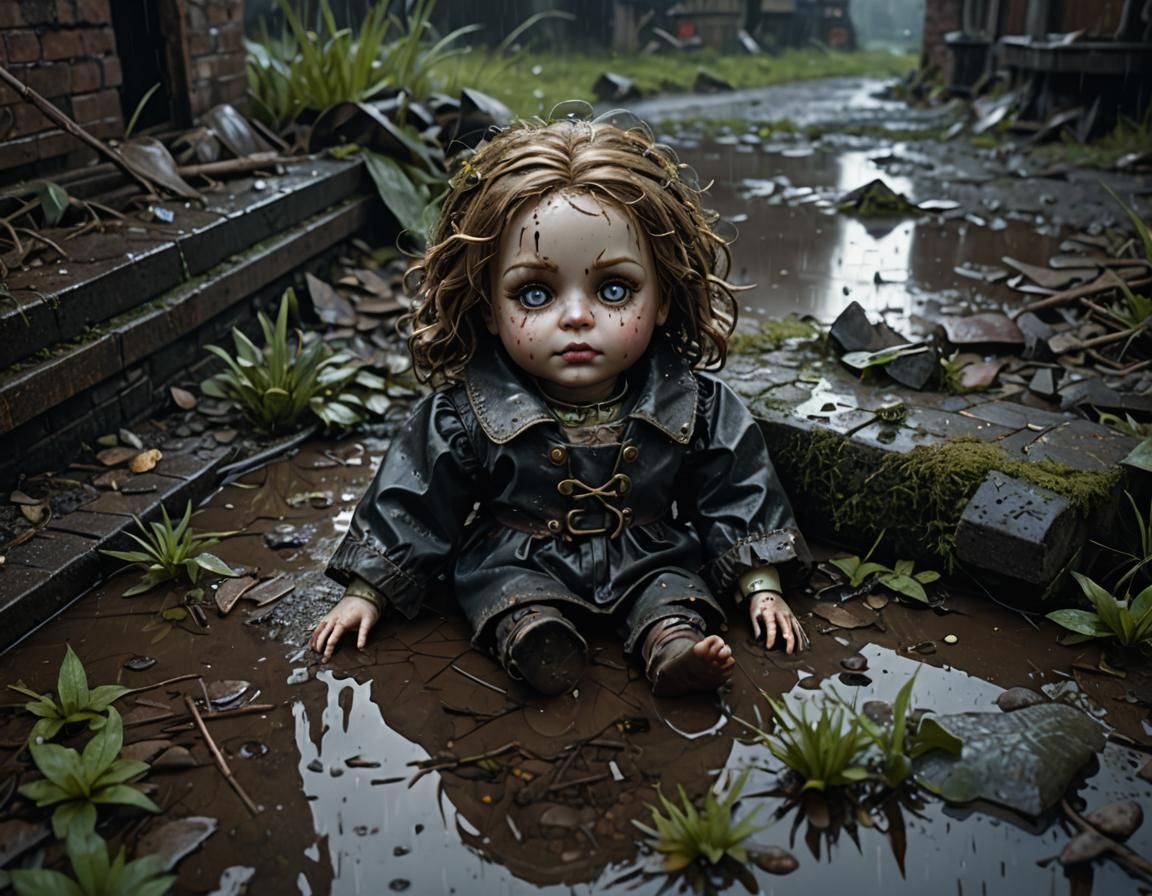 Eerie Doll in Ruins: A Dark Fantasy Concept