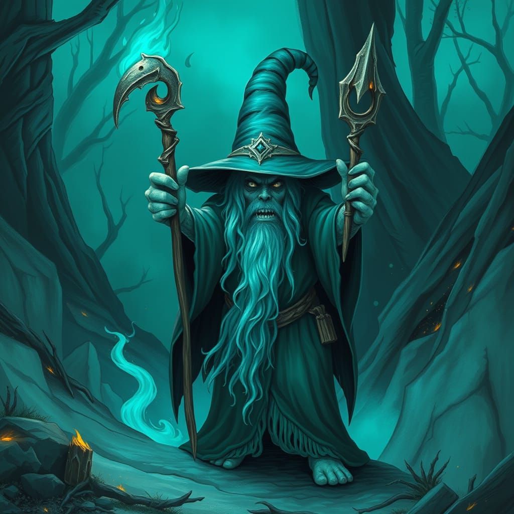 Angry Turquoise Wizard in Eerie Fairy Tale