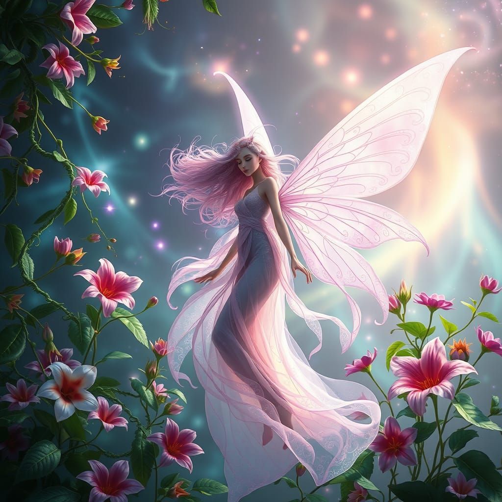 Whimsical Fairy Enchanted in a Tapestry of Vibrant Flowers a...