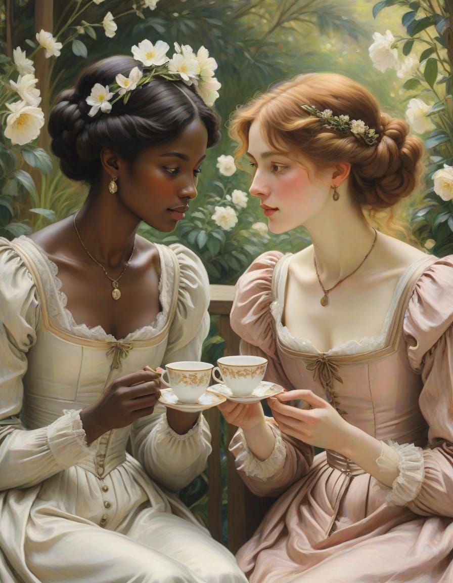 Elegant Victorian Women Share Tea in a Vibrant Garden, in th...