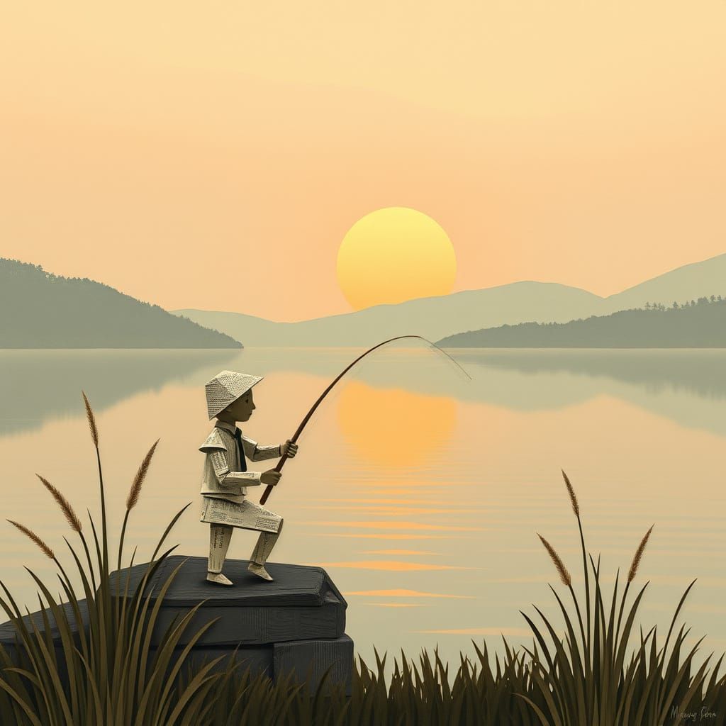 Paper Man Fishing: Whimsical Art Inspired by Miyazaki