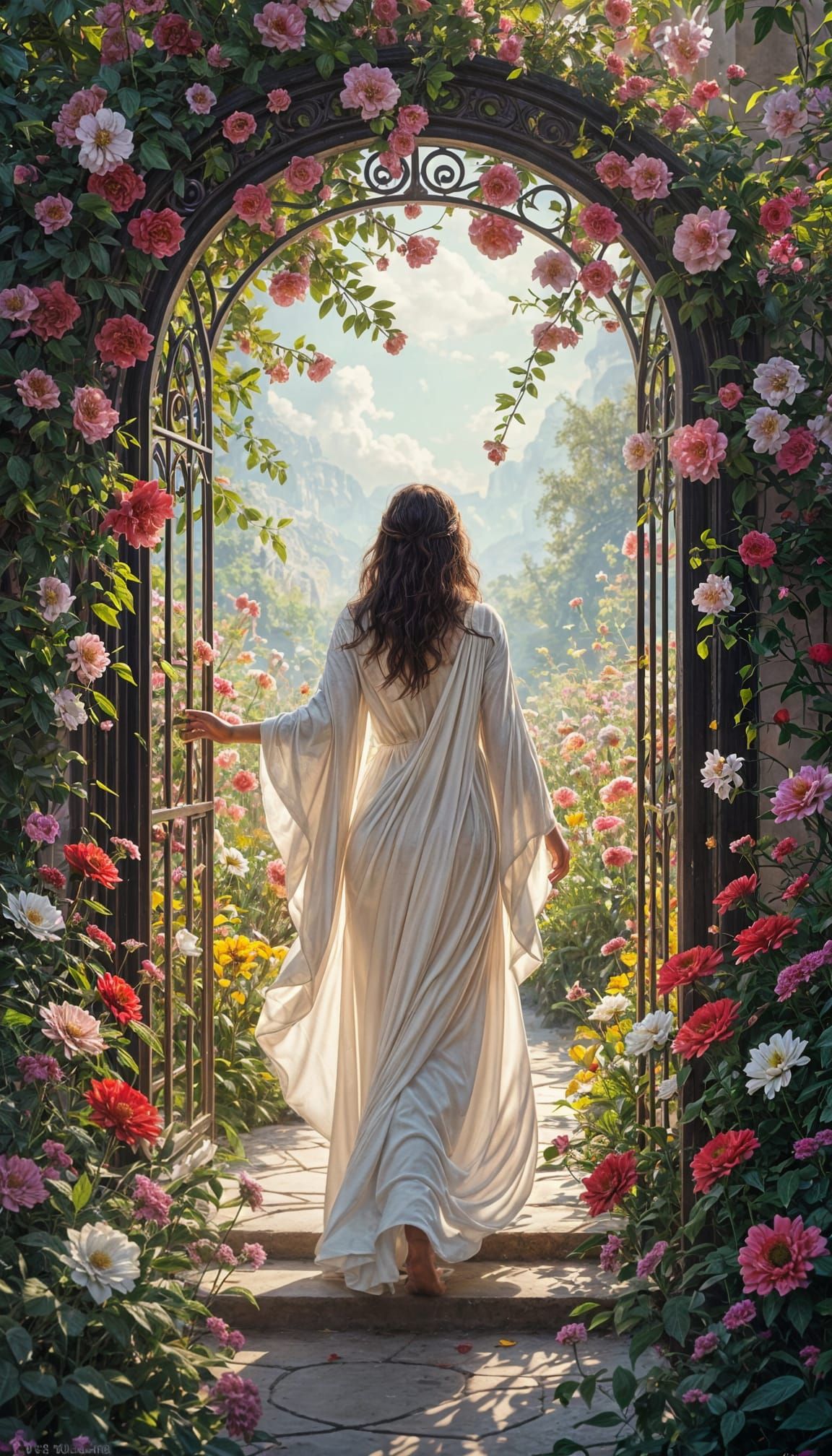 Woman Enters Ethereal Gate in Flower Garden