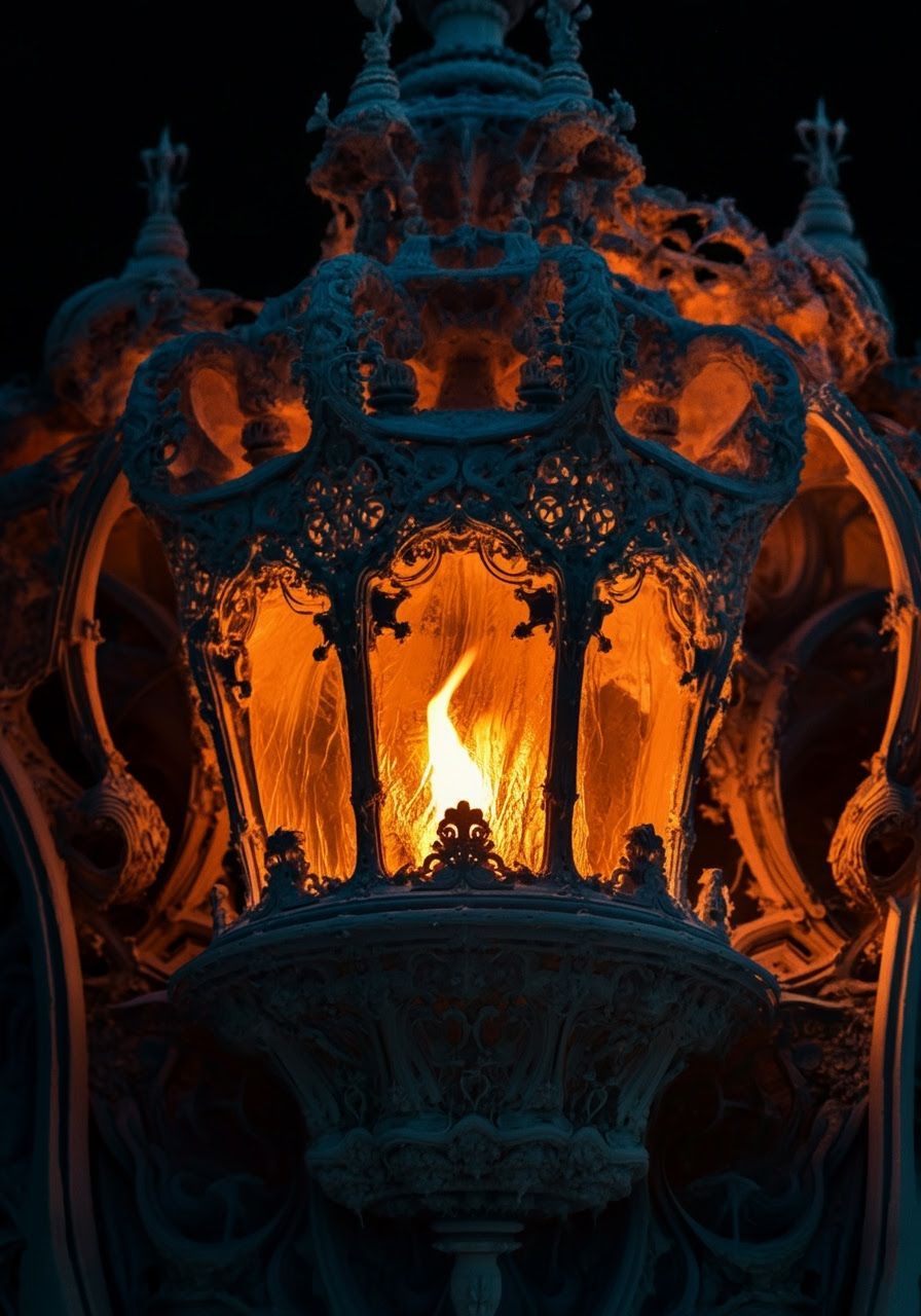 Glowing Ice on Fire Antique Lace Lantern in Mirrored Outdoor...