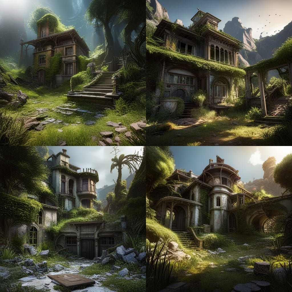 Abandoned villa in the hills post apocalyptic overgrown