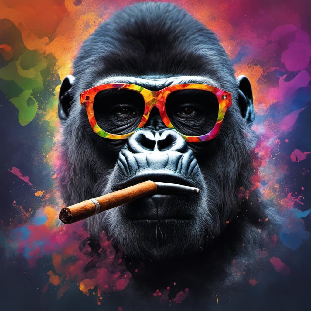 Hyperrealistic Gorilla Smoking Cigar in Colorful Glasses