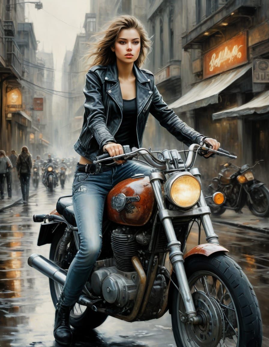 Mysterious Biker Goddess in a City Street