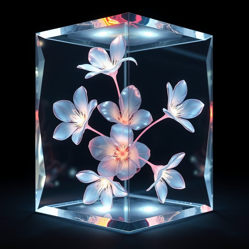 translucent flowers encased in a glass-like cube