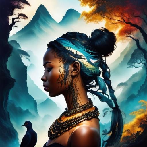 African Woman Portrait with Birds and Waterfalls
