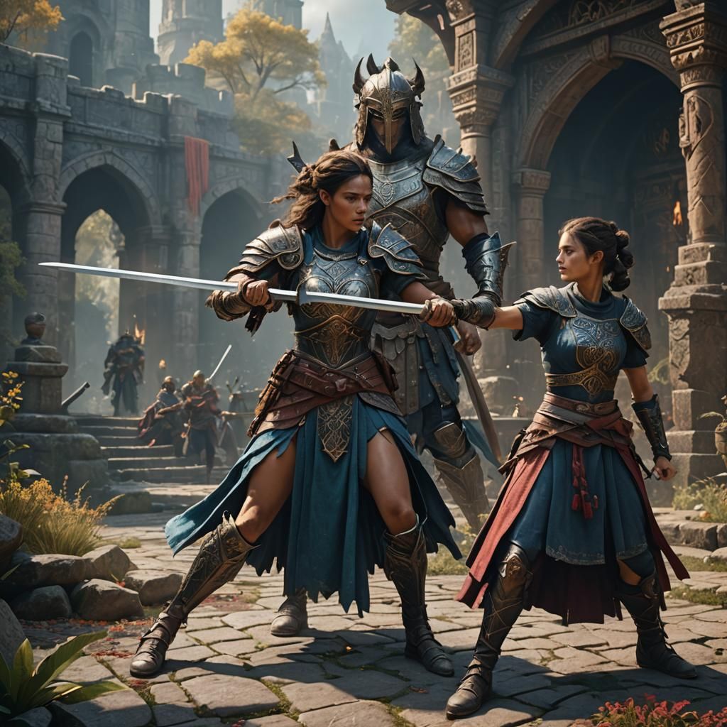Warrior Woman Trains Acolyte: Fantasy Concept Art