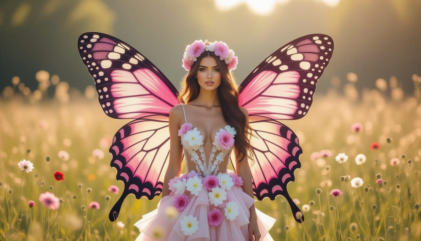 Model with Floral Butterfly Wings in Meadow