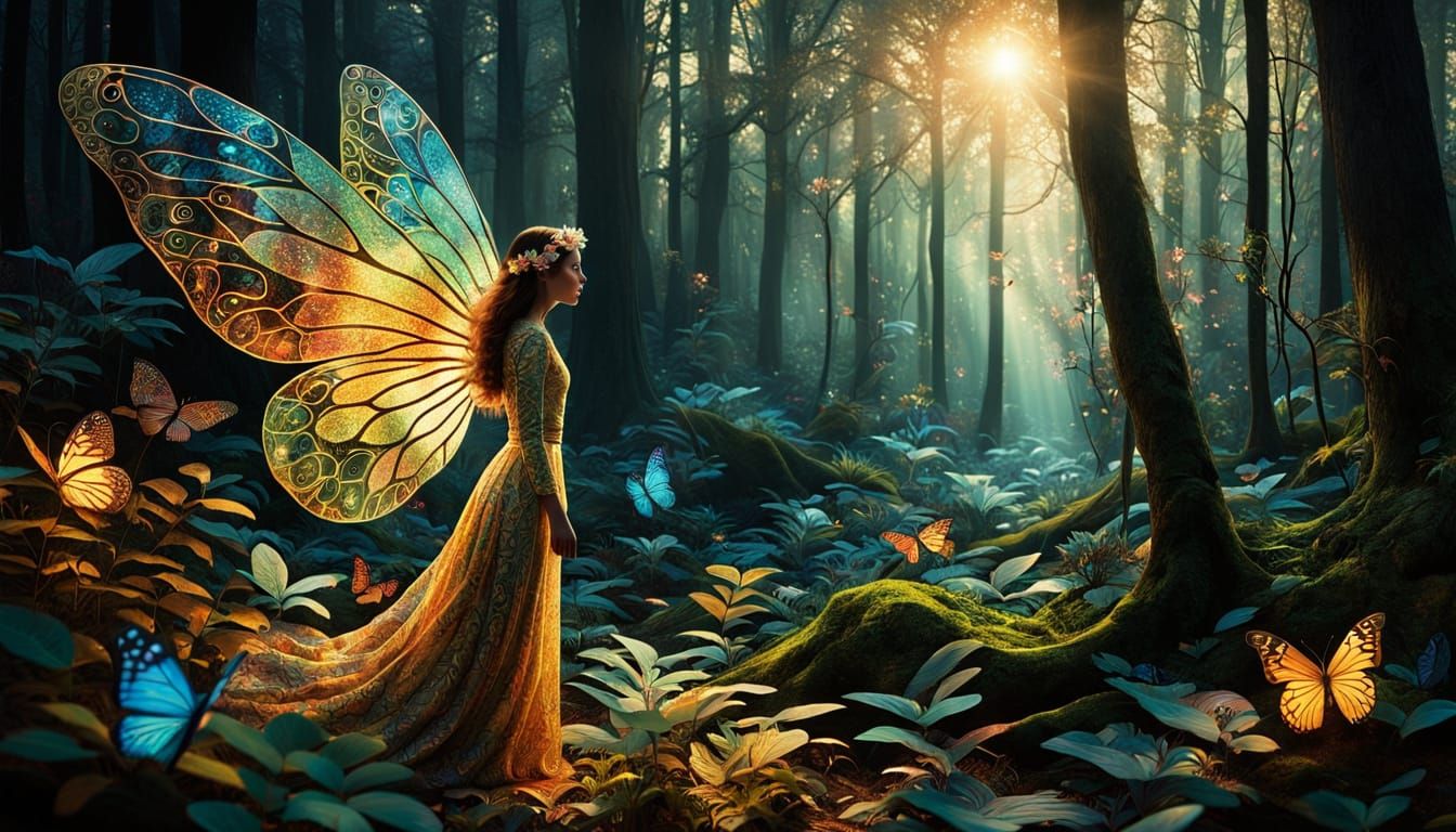 Surreal Forest Goddess with Iridescent Wings