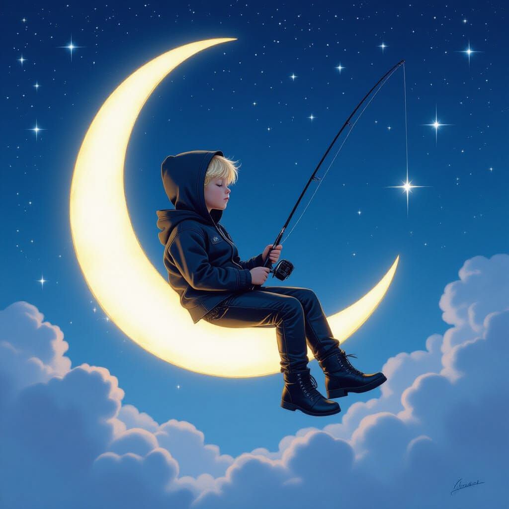 Boy on Moon with Fishing Rod, Dreamy Art