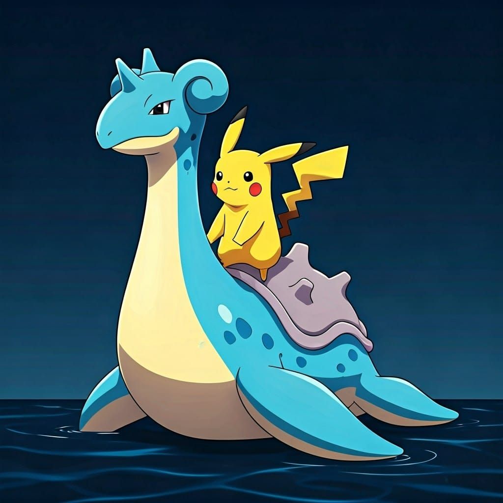 Pikachu Rides Lapras in Cel-Shaded Anime Style