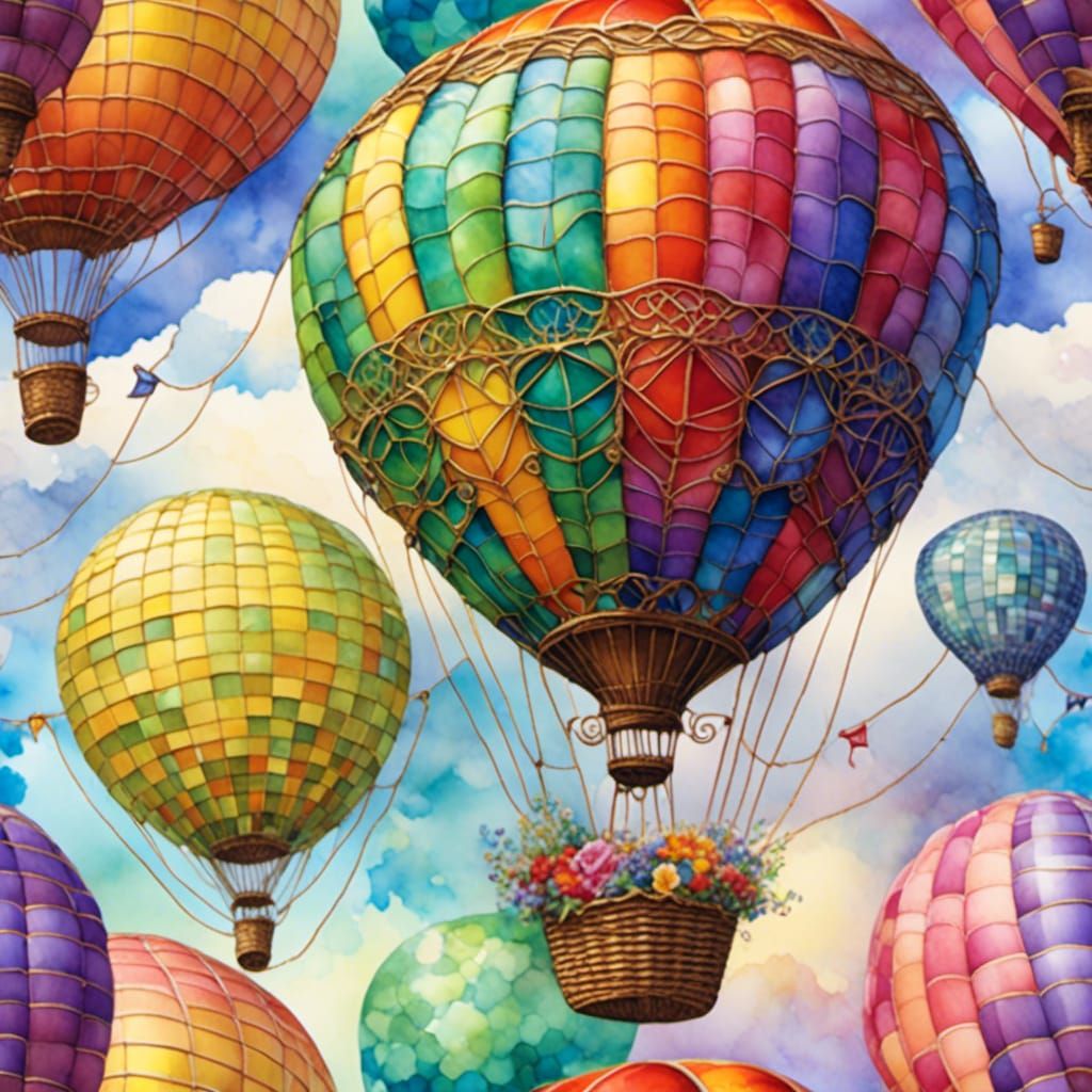 Colorful Hot Air Balloon Soaring Over Flower Meadow