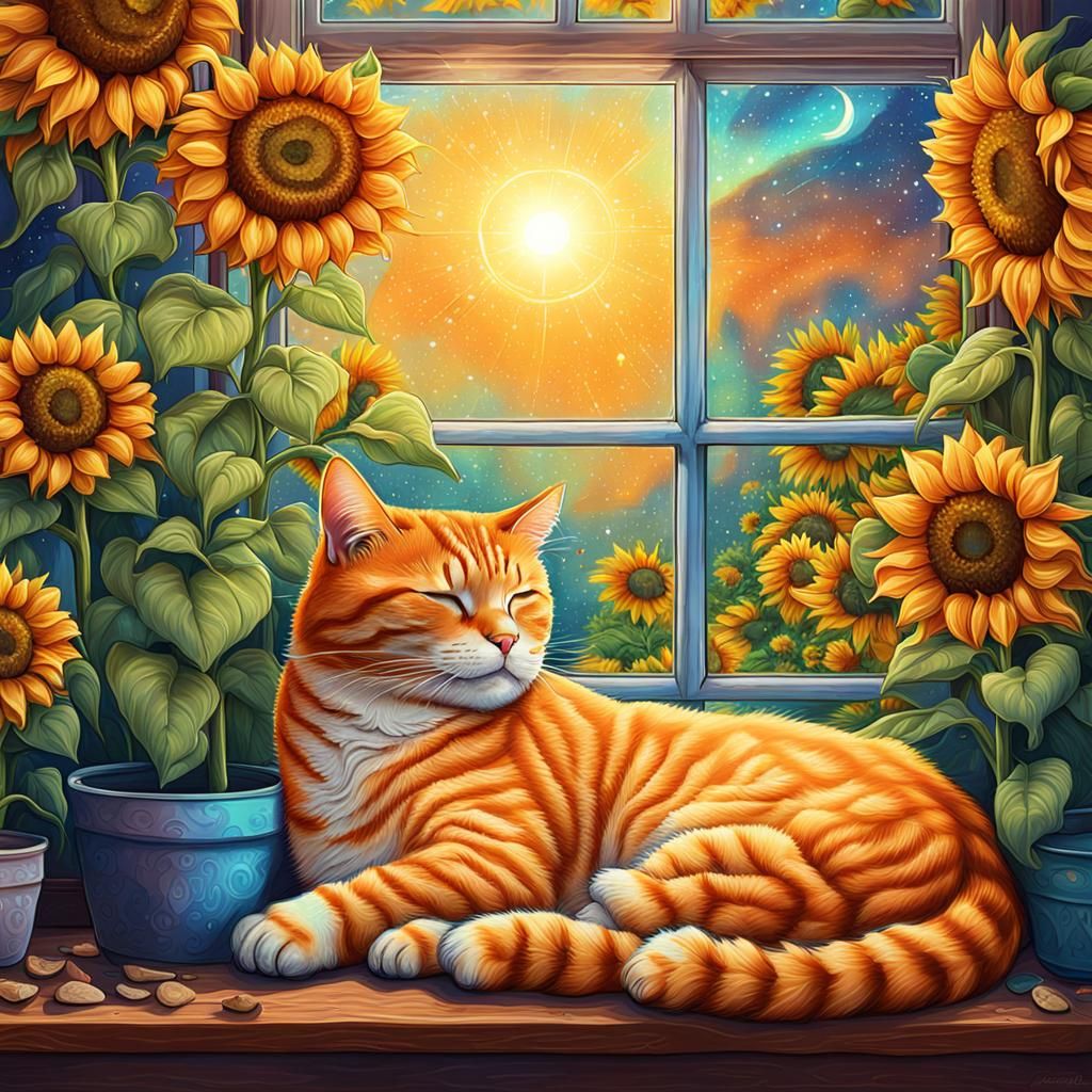 Ginger Cat's Sunflower Nap: Holographic Astral Illustration