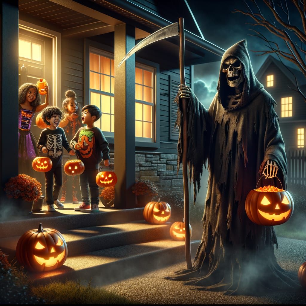 Grim Reaper Trick-or-Treating on Halloween Night