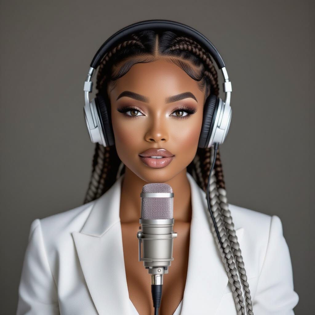 Elegant Black Woman in White Outfit with Studio Microphone