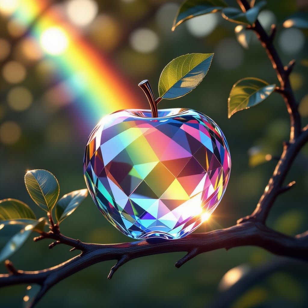 Prismatic light on a crystal apple on a branch