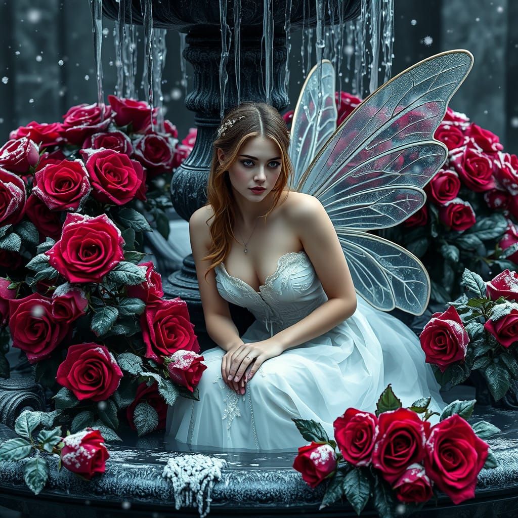 Gothic Fairy Seated Among Frosty Roses in Dark Fantasy Scene