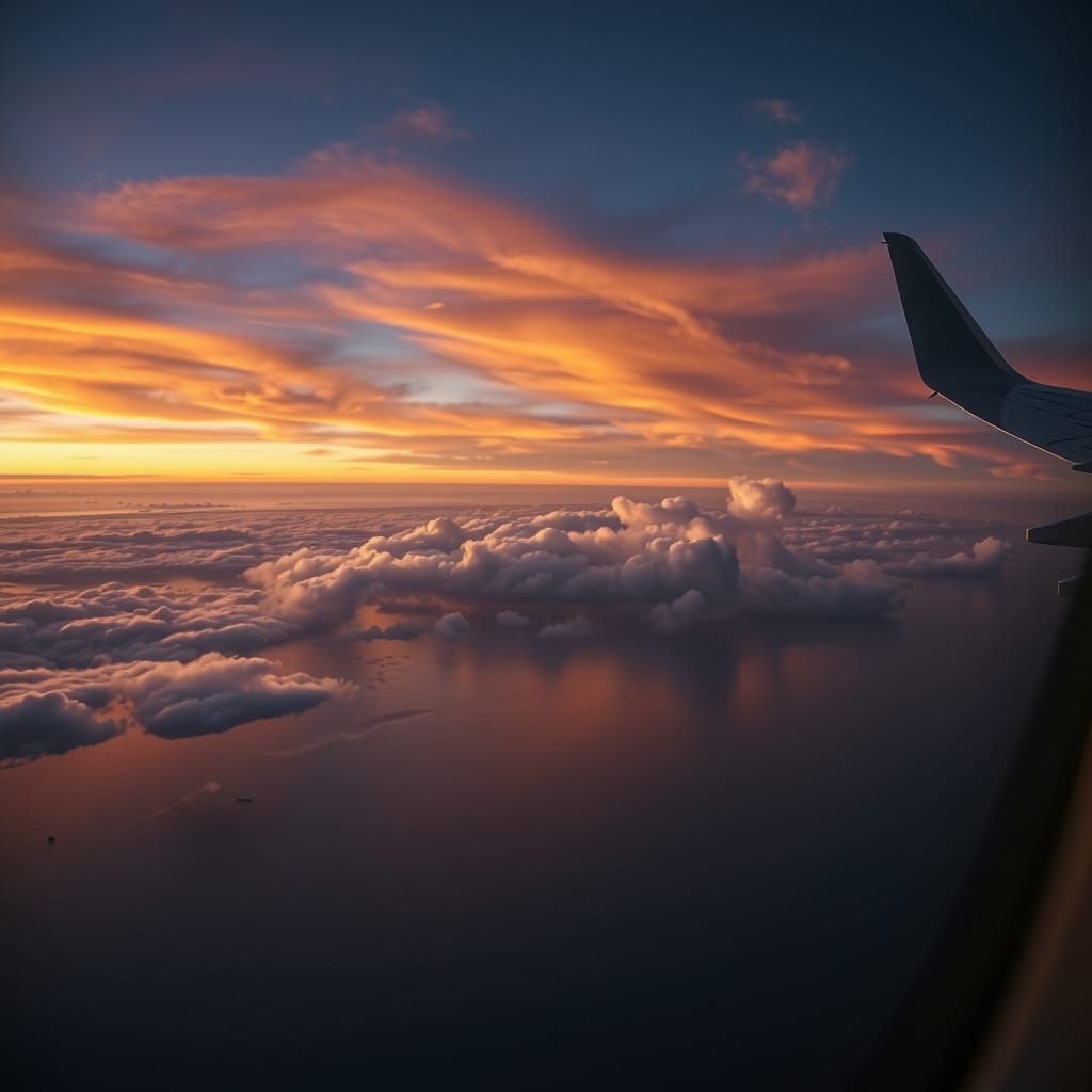Twilight Ocean View from Aeroplane Window in Hyperrealism