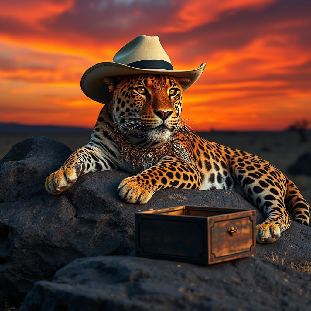 Regal Leopard in Hyperrealistic Sunset Landscape