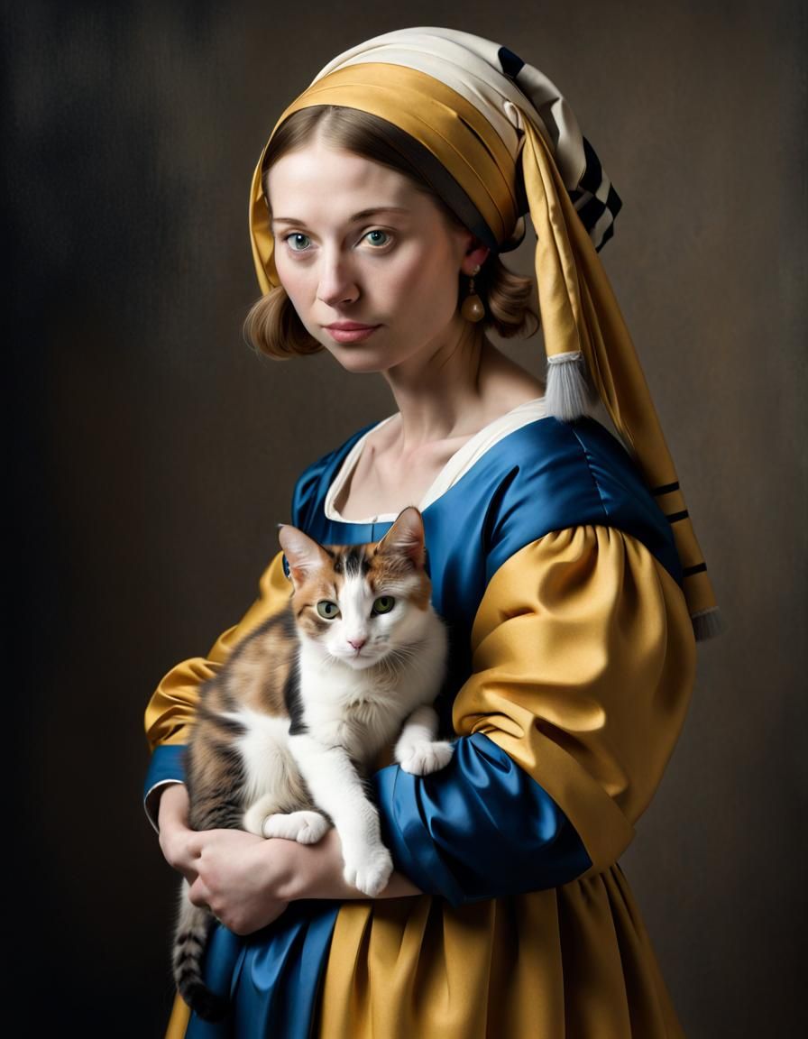 Woman with Cat as Vermeer-Inspired Painting