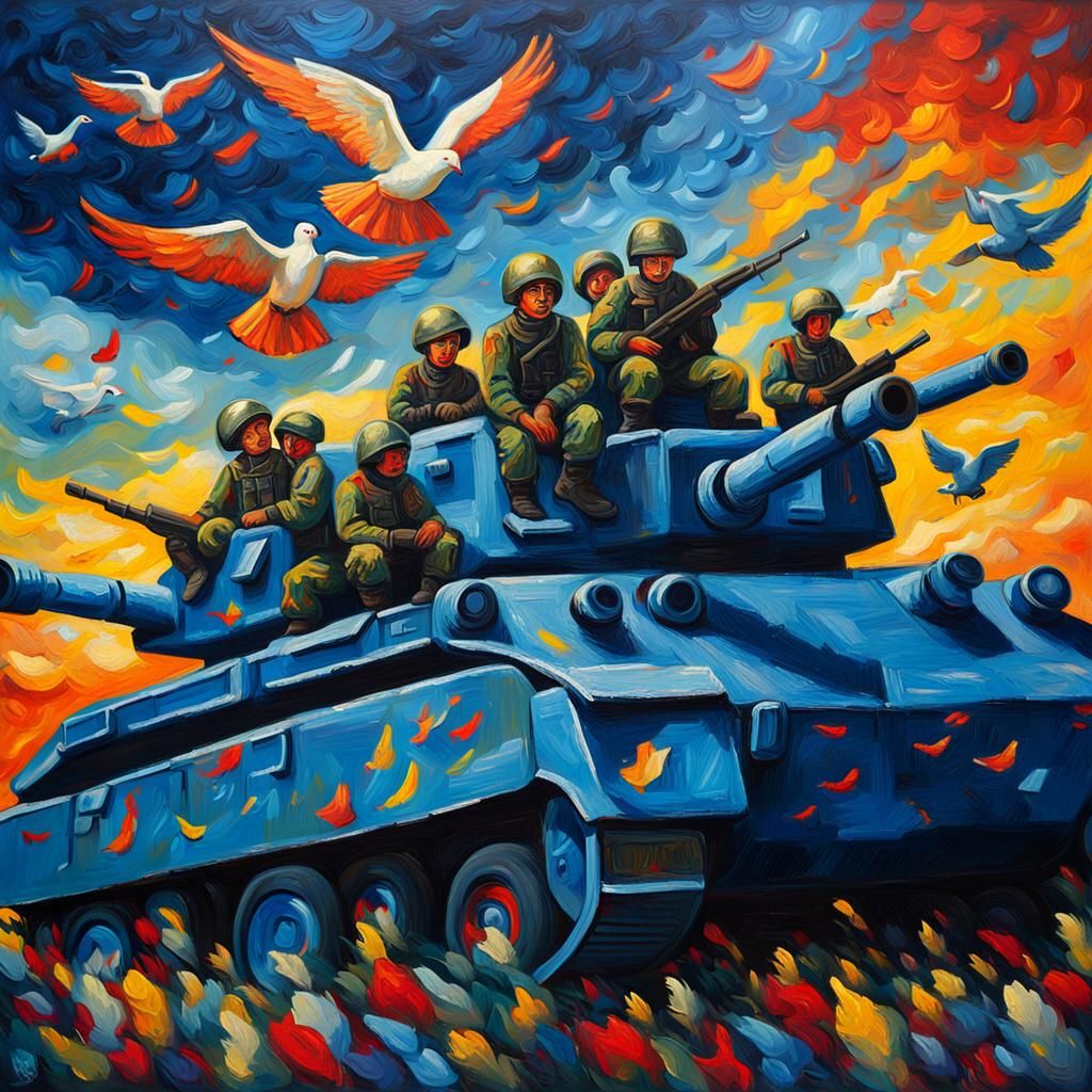 Expressionist Soldiers, Children, and Dove in Space