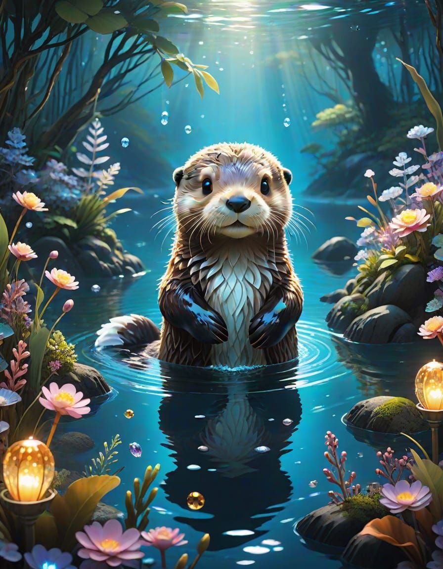 Anime Sea Otter in Bioluminescent Kelp Forest