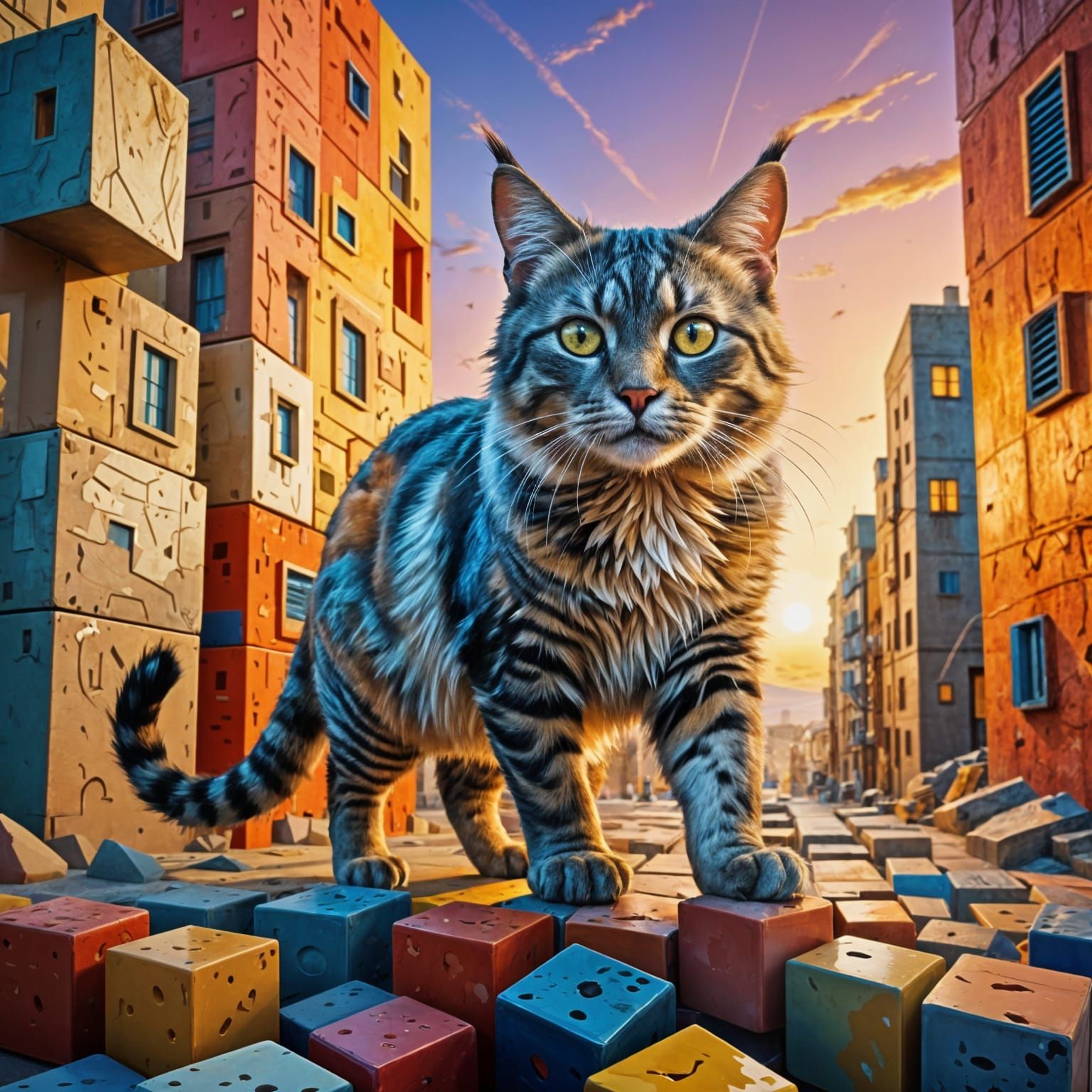 Feline Explorer in a Cubist Metropolis