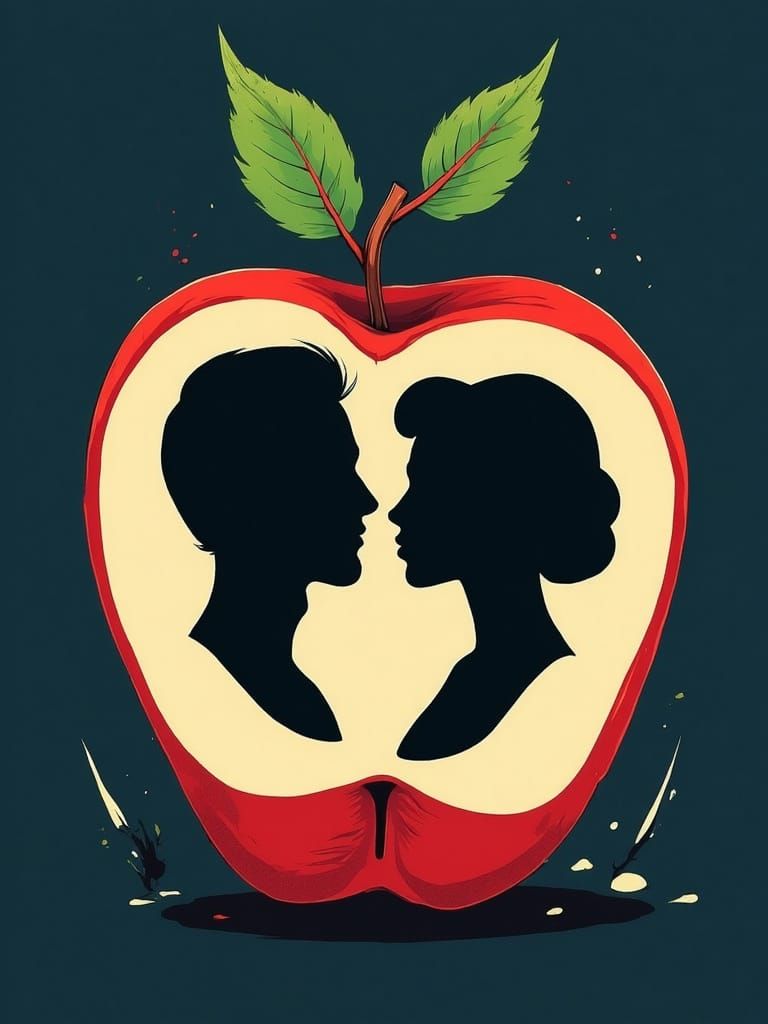 Surreal Apple Core with Hidden Faces in Dark Navy Blue