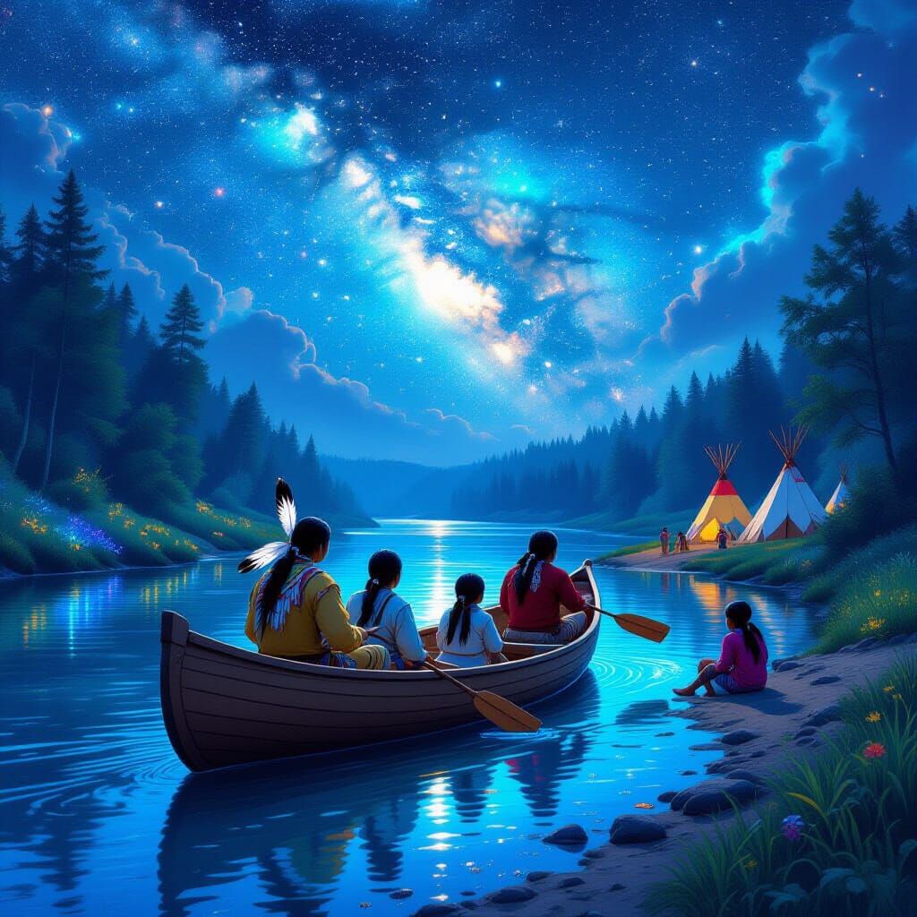 Native American Families Under Nebulae Sky