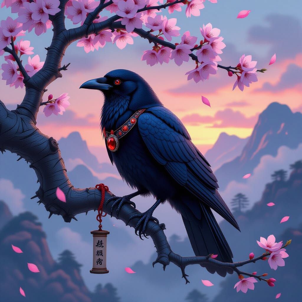 Crimson-Eyed Crow on Cherry Branch in Dark Fantasy Style