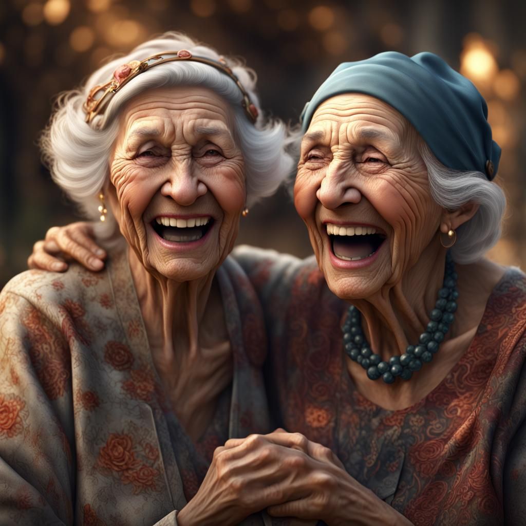Elderly Women Share Joyful Laughter in Hyperrealistic Detail