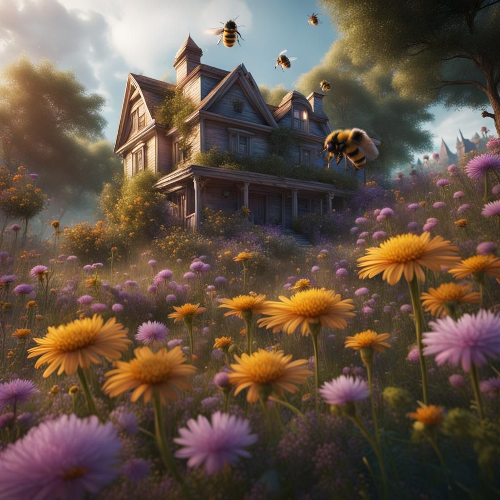 Bumble Bees and Flowers: Detailed Matte Painting