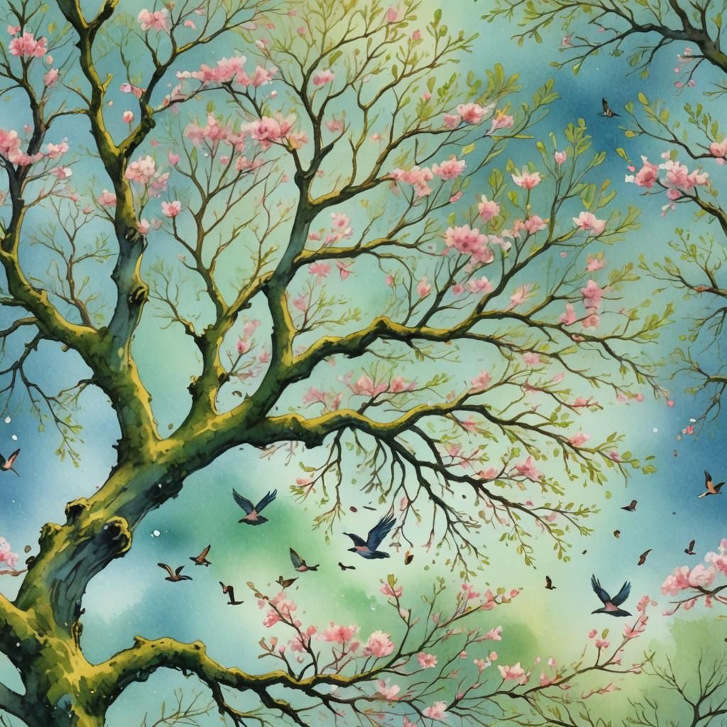 Lush Tree with Birds in Anime Watercolor Style