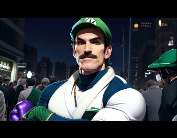 Waluigi Flexing in Luigi Costume: Photorealistic Concept Art