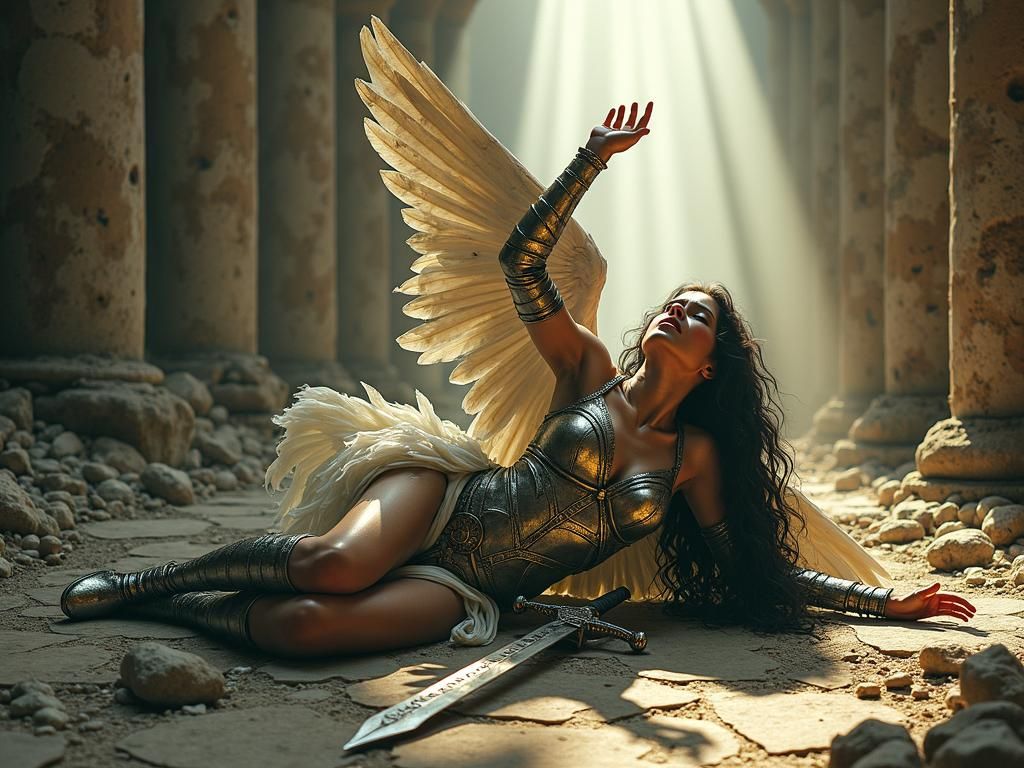 Fallen Angel in Ruined Temple: Dark Fantasy Art