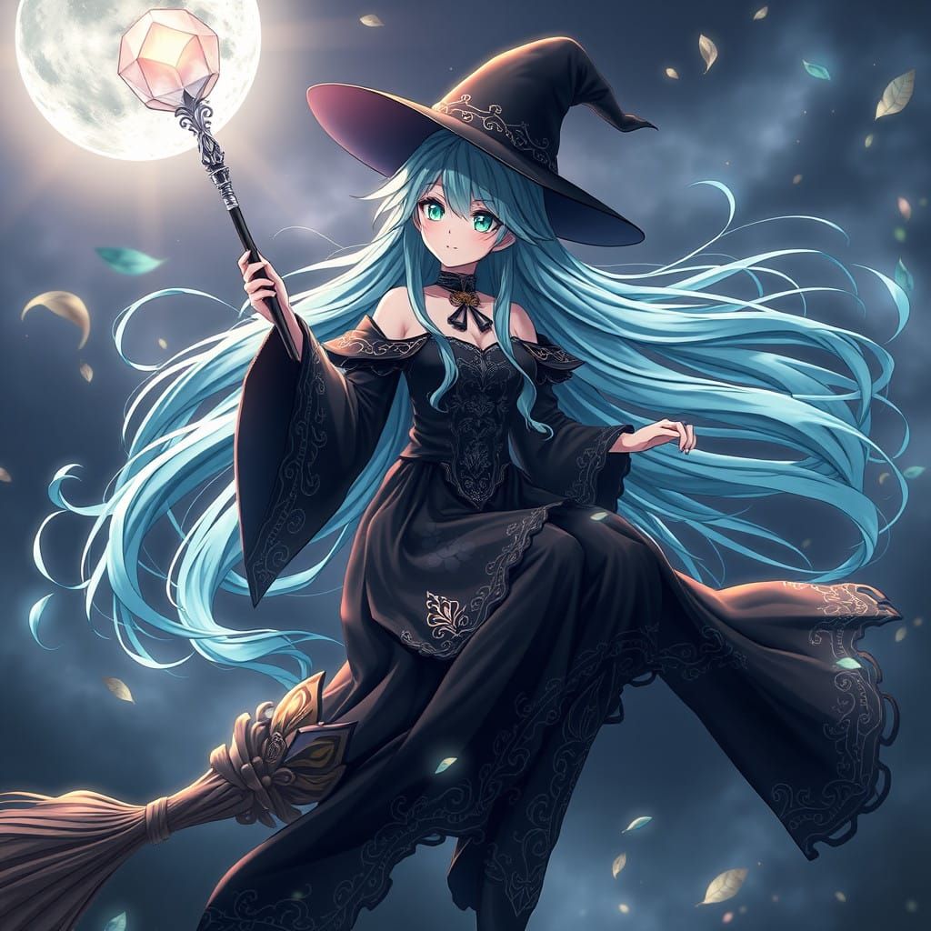Anime Witch Rides Broomstick Through Mystical Night Sky