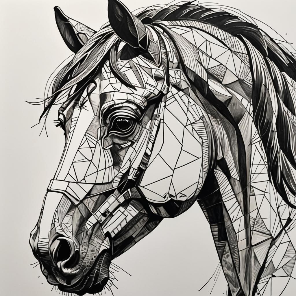 Expressive Horse Head Line Drawing in Cubist Style